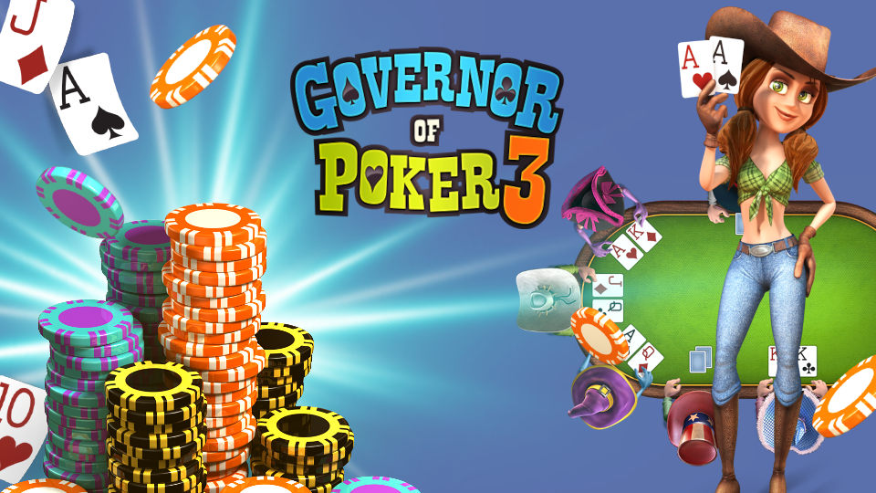 Govenor of Poker 3 Grafik Frau mit Cowboyhut und Pokerkarten und Pokerchips vor einem Pokertisch