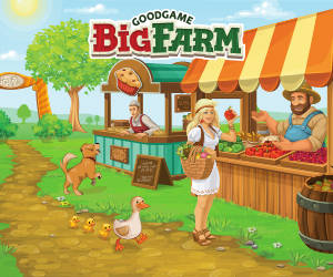 Big Farm Teaser Bild Eine Frau steht an einem Hofladen und kauft etwas Obst ein. Hinter ihr ist eine Gans und ein Hund