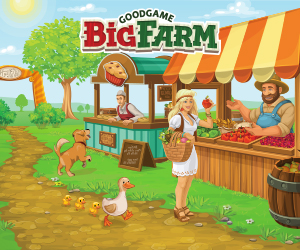 Goodgame Big Farm Teaser Bild Eine Frau steht an einem Farm Markt Laden und kauft Äpfel ei. Hinter Ihr befinden sich Farmtiere und ein hund und eine Ente
