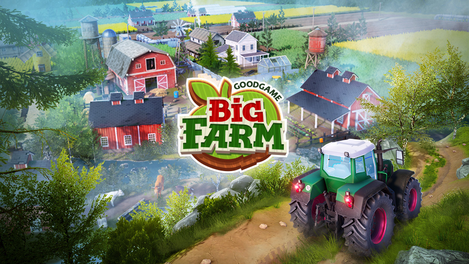 Big Farm: Traktor fährt auf einem Feldweg zu einer Farm mit Feldern