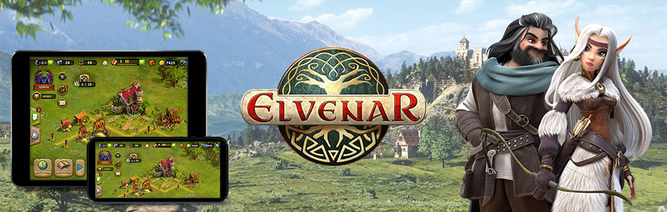 Elvenar Hero Grafik Mensch und Elf vor Burg
