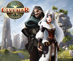 Mann und Elfe aus dem Spiel Elvenar stehen vor einem Berg