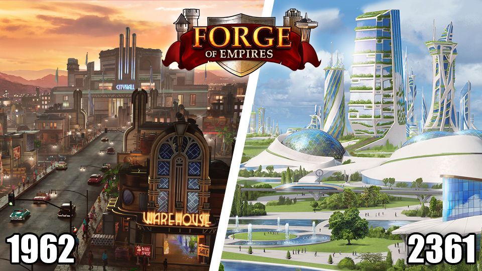 Eine Stadt aus dem Spiel Forge of Empires im Vergleich aus dem Jahr 1962 zu dem Jahr 2361, zuvor eine alte Stadt und später eine moderne, futuristische Stadt