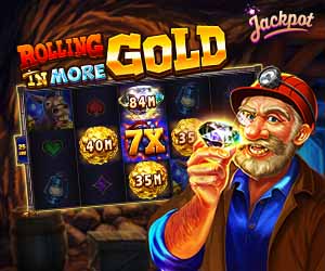 Rolling in more Gold Double U Casino Social Casino Teaser Grafik mit Goldgräber in Goldmine mit Slot Machine und Chips