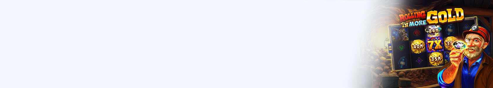 Rolling in more Gold Hero Grafik Goldgräber in Goldmine mit Slot Machine und Casino Chips