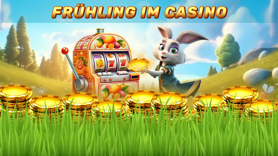 Oster Casino Game Jackpot Game Ein Hase steht vor einer Slot Machine und hat einen Gold Coin in der Pfote