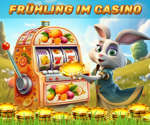 Jackpot Event Grafik für Ostern. Ein Hase sitzt auf einer grünen Wiese und hält einen Slot Coin in der Hand. Vor dem Nagetier ist eine goldene Slotmachine und ganz viele goldene Chips und Coins.