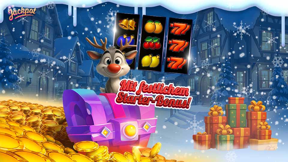 Winter Jackpot Teaser Grafik mit Rentier und gratis Geschenk Chips für Slot Machines