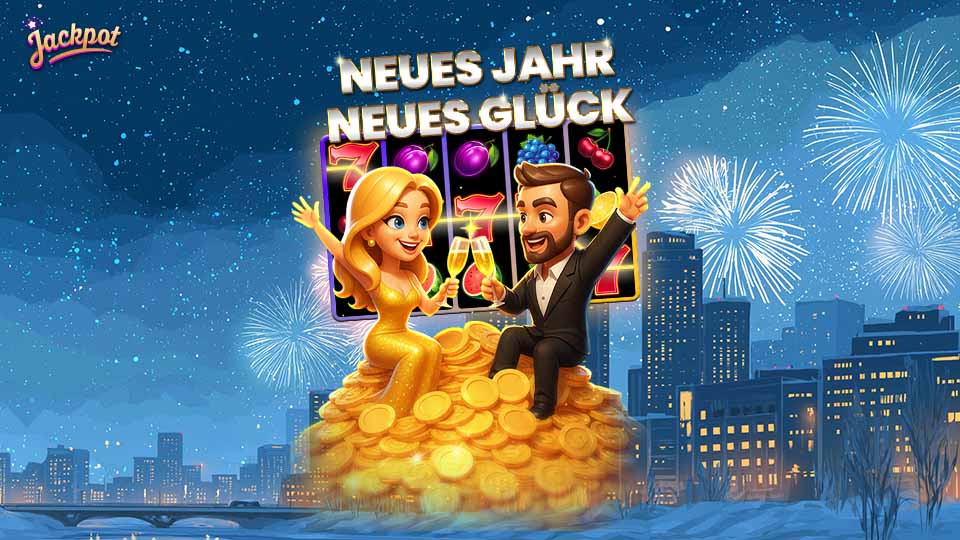 Neujahrs Jackpot Grafik mit Mann und Frau auf einem Berg voller Chips vor einer Jackpot Casino Slot Machine