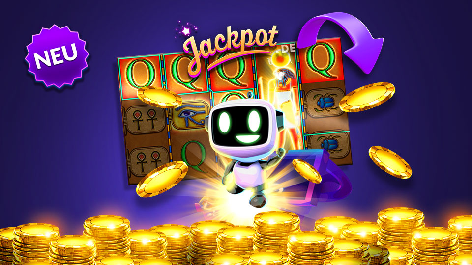 Roboter steht vor Jackpot Slot Machine und hilft beim Coins einsammeln