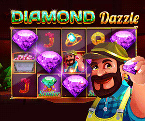 Bergarbeiter mit einem Diamant in der Hand vor der Slotmachine Diamond Dazzle