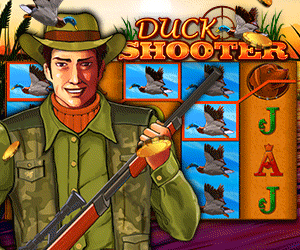 Jäger mit Gewehr vor der Slotmachine "Duck Shooter"