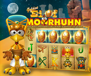 Ägyptisches Moorhuhn im Pharao kostüm steht vor einer Online Casino Slot Machine und sucht nach dem Golden Ei