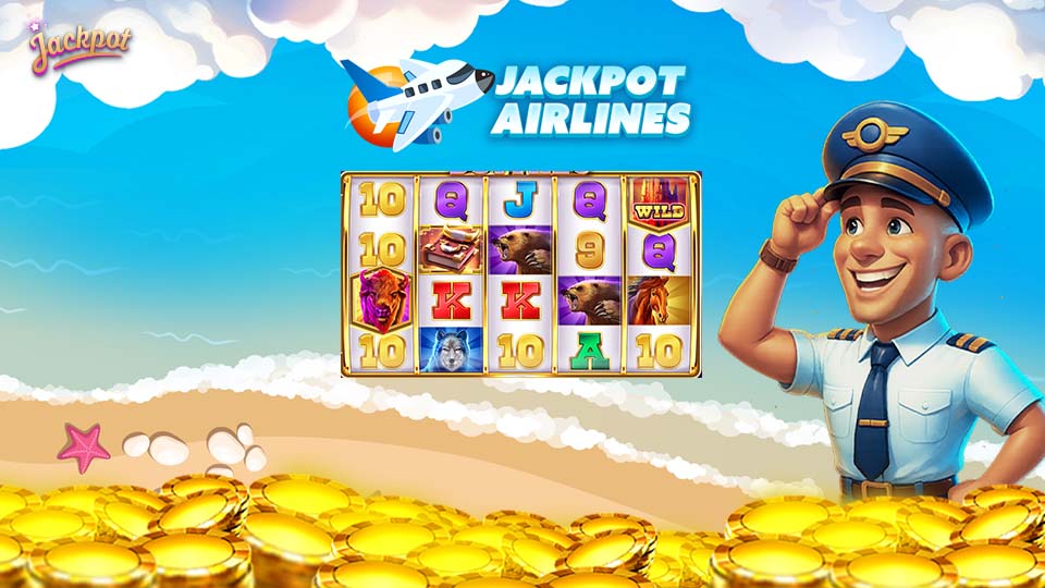 Jackpot de Kalender Grafik für den Juli Kalender Jackpot Airlines. Ein Pilot mit Casino Chips vor einer Slot Machine