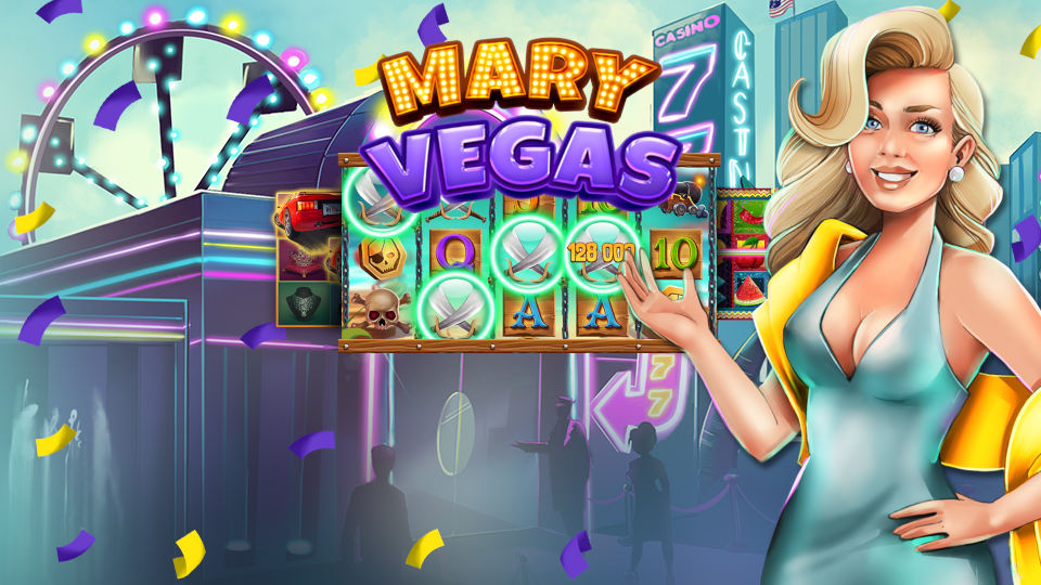 Mary Vegas Teaser Grafik Eine elegante Frau steht im Abendkleid vor Casinos und einer Slotmachine. Im Hintergrund sind die schillernden und bunten Lichter von Las Vegas sowie Hochhäuser und ein leuchtendes Riesenrad.