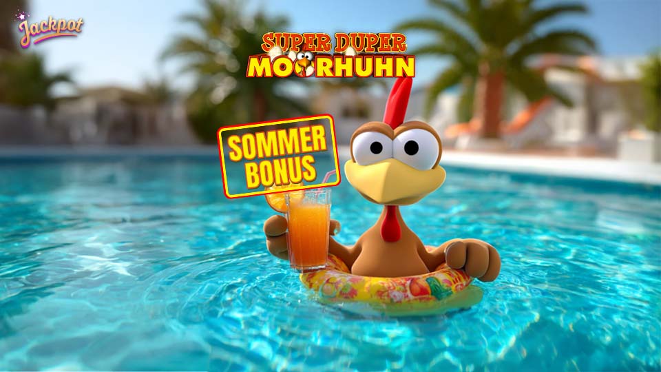 Moorhuhn im Pool mit einem Cocktail mit Casino Chips und Sommer Laune