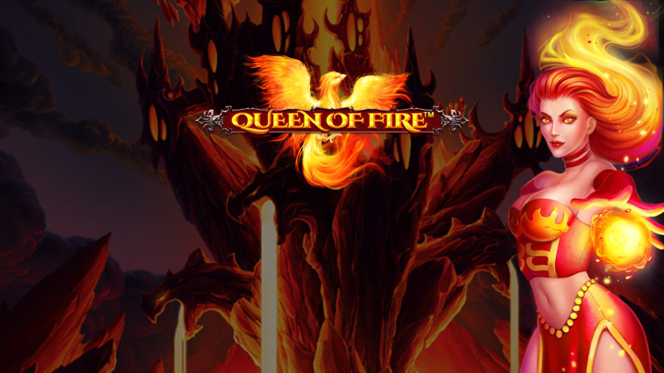 Queen of Fire Glücksspiel Grafik Eine attraktive Frau in knappen Outfit mit wallenden feurig roten Flammen Haar steht in einer Landschaft, in der Lava und Feuer ist. Neben ihr ist das Logo in Form eine Phönix, welcher hell feurig leuchtend empor steigt.