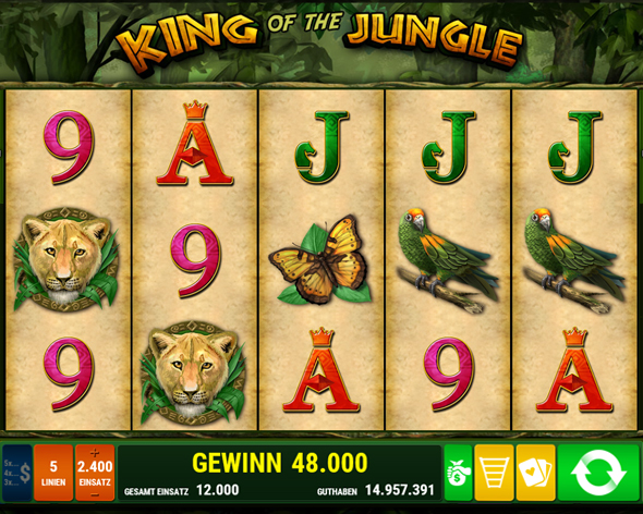 Screen der Videoslot "King of the Jungle"