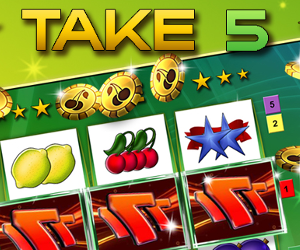 Schriftzug "Take5" mit einem Bild der Slotmachine
