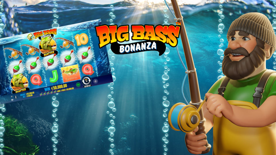 Big Bass Bonanza Game Teaser Bild. Das Jackpot Spielt zeigt einen Angler, der einen großen Fisch in der Hand hält. Er angelt sich nebenbei die Jackpot Slot Machine und große Gewinne in einer tiefblauen Unterwasserwelt