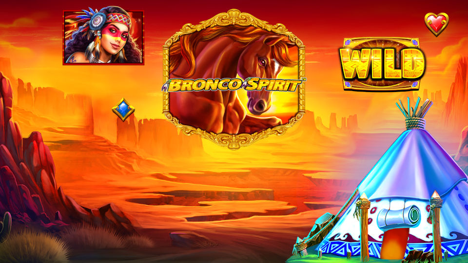 Bronco Spirit Online Slot Machine Grafik Ein Pferd und ein Indianer mit Zelt in einer Wüste. Wilder Westen Slot Maschine für Glückspiel