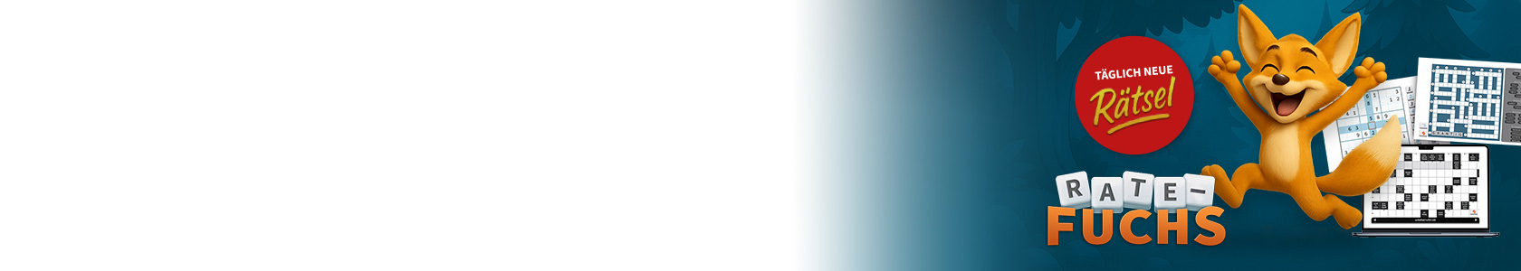 Der Rate-Fuchs als Maskottchen der Rätselapp steht vor einem Sudoku und einer Wortsuche