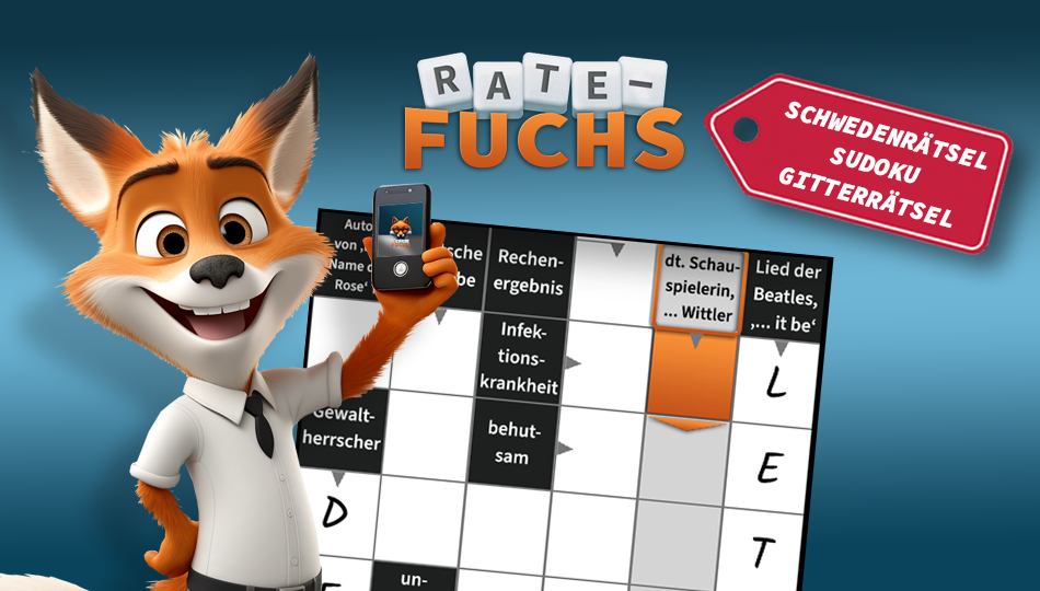 Ratefuchs Maskottchen Fuchs Rätselapp mit Sudoku Gitterrätsel und Schwedenrätsel