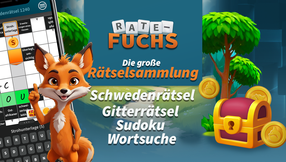 Ratefuchs Maskottchen Fuchs Rätselapp mit Sudoku Gitterrätsel Wortsuche und Schwedenrätsel