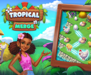 Insulanerin vor einem tropischen Hintergrund des Spiels Tropical Merge