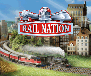 Rail Nation Classic Mini - Zwei Züge fahren an Gebäuden vorbei