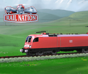 Rail Nation - Zug fährt durch grüne Landschaft