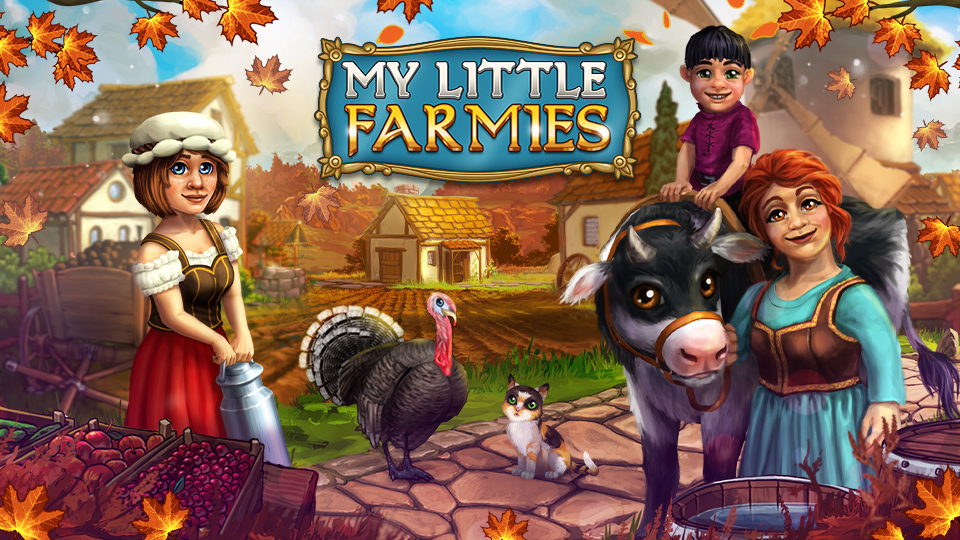 My Little Farmies Herbst Bild mit Bäuerin und Kind und Herbsttieren wie Truthahn und Kaninchen auf einer herbstlich dekorierten Farm.