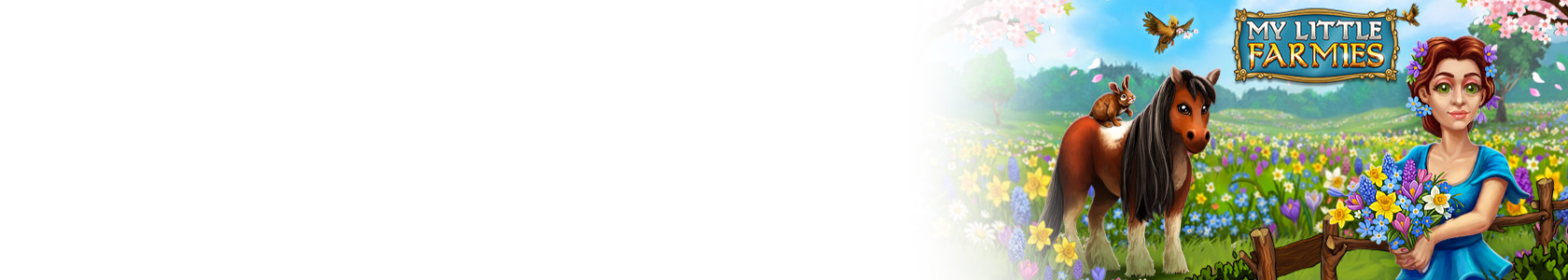 My little Farmies Hero Grafik Ein glückliches Schwein wälzt sich auf einer grünen Blumenwiese. Ein Schäferhund steht neben dem Nutztier und passt auf es auf. Sie befinden sich auf einer blumigen Wiese.