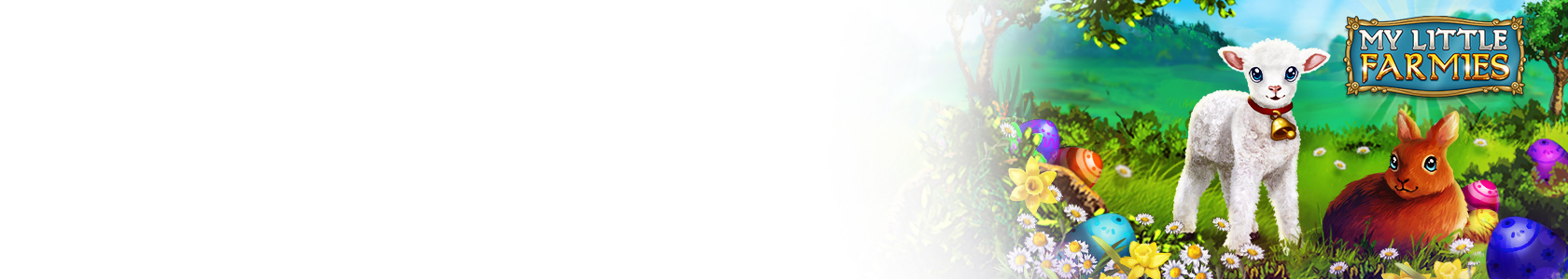 My little Farmies Hero Grafik Ein glückliches Schwein wälzt sich auf einer grünen Blumenwiese. Ein Schäferhund steht neben dem Nutztier und passt auf es auf. Sie befinden sich auf einer blumigen Wiese.