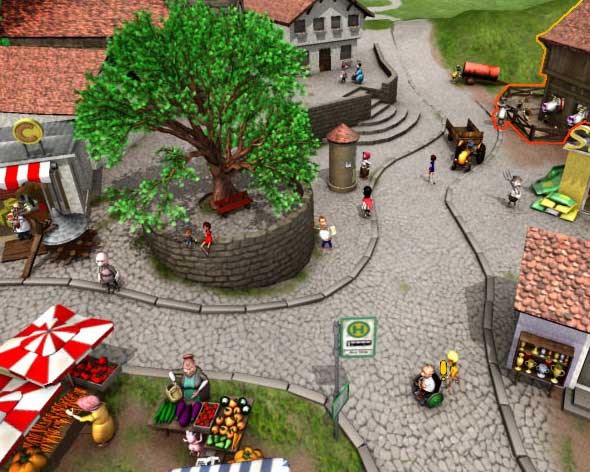 Dorfplatz mit Bewohnern und Markt im Spiel My Free Farm