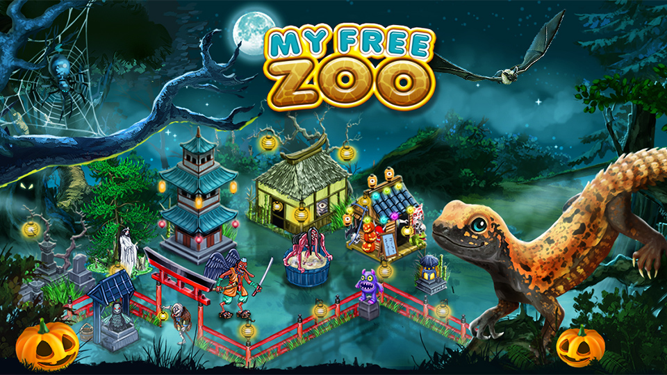 My Free Zoo Halloween Grafik mit Lizard Eidechse leuchtenden Gebäuden und Halloween Dekoration im Zoo