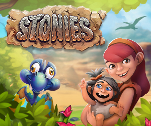 Stonies Teaser Grafik Eine Steinzeit Frau trägt ihr Steinzeit Baby. Neben ihnen ist ein kleiner Baby Dinosaurier