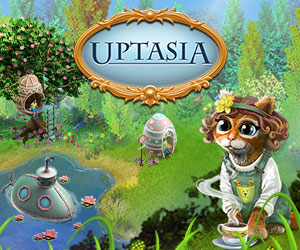 Uptasia Event Teaser Grafik für Ostern. Eine Katze hat ein Kinderoutfit an und sitzt mit einer Tasse Tee draußen auf einer Wiese. Neben Ihr sind verschiedene Dekorationselemente in Form von Ostereier und ein U-boot in einem See.