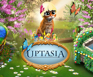 Uptasia Event Grafik für Ostern. Die Katze aus Uptasia hat eine Eierschalte auf dem Kopf. Um die Katze herum sind mehrere Kücken mit bunten Farben und Pinsel, die sich gegenseitig wie Ostereier bunt anmalen. Sie befinden sich in einer schönen grünen und blumigen Umgebung mit viel Osterdekoration.