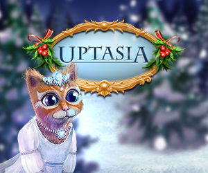 Katze in einem schicken Kleid mit Diadem sitzt in einer Weihnachts Winterlandschaft im Schnee