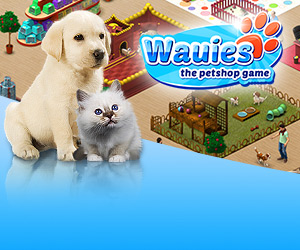 Hunde- und Katzenbaby vor einem Screenshot des Spiels Wauies