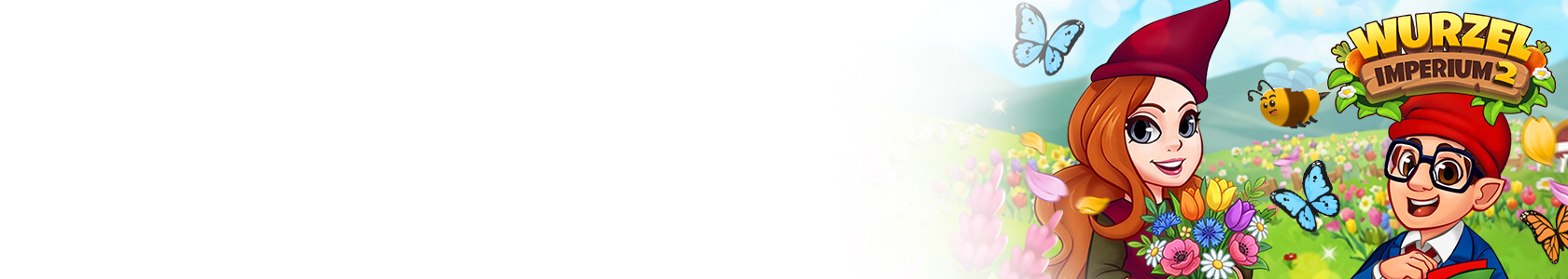 Wurzelimperium 2 Hero Grafik mit Zwergen und Gartendekorationen einem dekorierten Schrebergarten