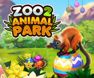 Zoo2 Animal Park Event Oster Grafik Ein Affe sitzt auf mehreren bunt bemalten Ostereiern