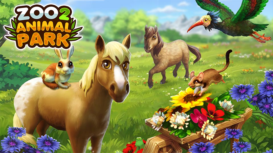 Zoo 2 Animal Park Frühlings Grafik mit Zootieren wie Pferd Kaninchen und Maus auf einer Blumenwiese im Frühling