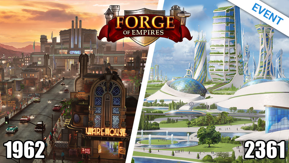 Forge of Empire Teaser Bild Zwei Unterschiedliche Städte aus verschiedenen Epochen und Zeitalter stehen sich gegenüber, einmal eien eher rustikale Großstad aus 1962 und einmal eine modern futuristische Stadt aus der Zukunft aus dem Jahr 2361