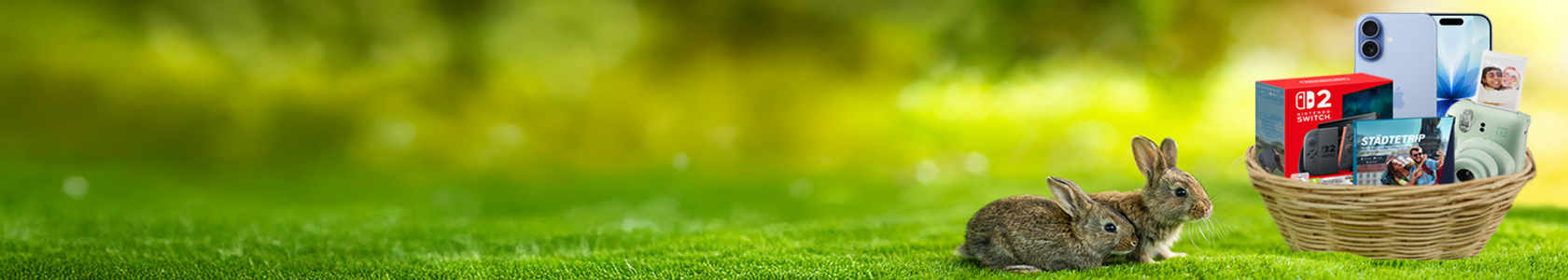 Zwei Hasen im Gras neben einem Korb mit Technikgeschenken und Kamera im Frühling