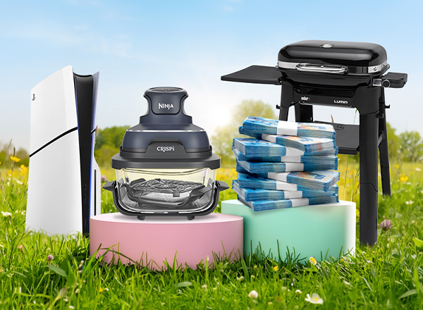 Konsole, Mixer und Grill auf Podesten im Blumenfeld, daneben Geldstapel
