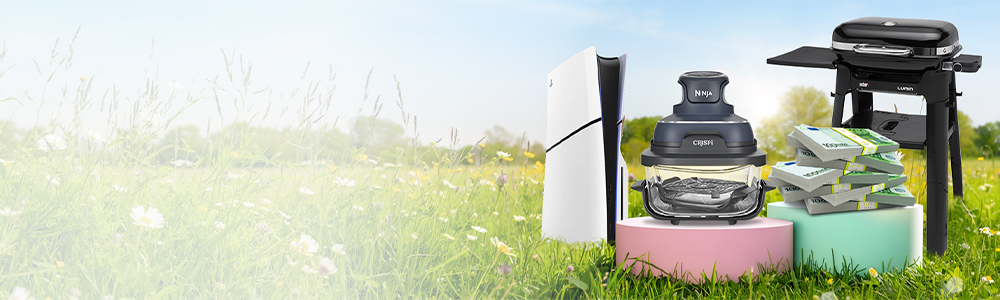 Konsole, Mixer und Grill auf Podesten im Blumenfeld, daneben Geldstapel