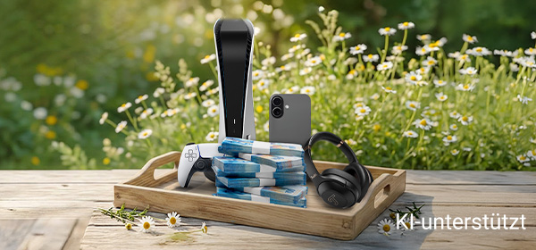 Spielkonsole, Controller und Geldscheine auf Tablett im Garten, KI-Unterstützung sichtbar.