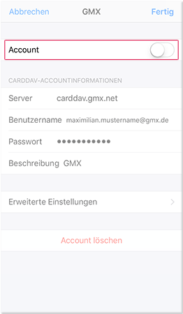 CardDAV-Account temporär deaktivieren